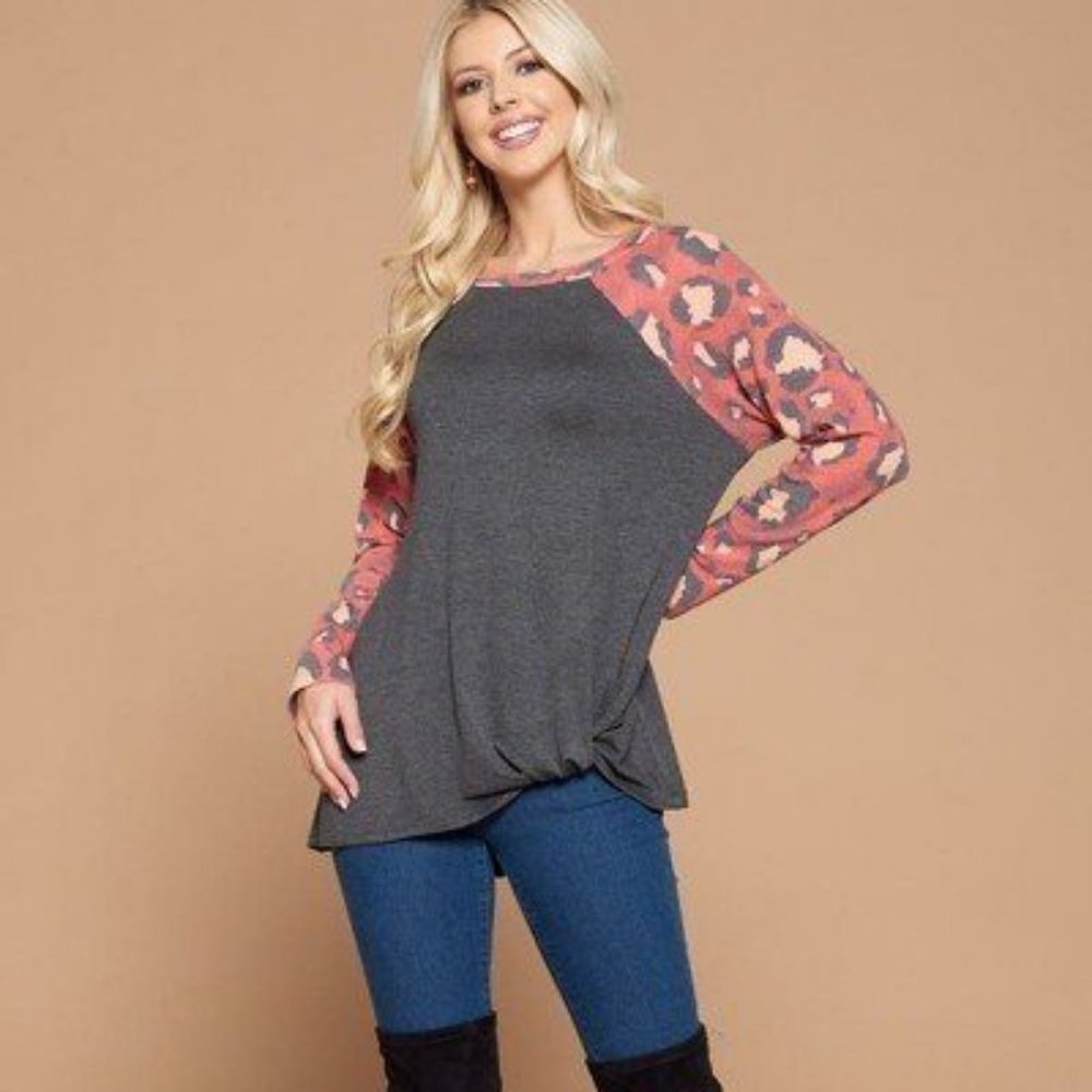 Woman’s Casual French Terry Side Twist Top With Animal Print Long Sleeves  NWT